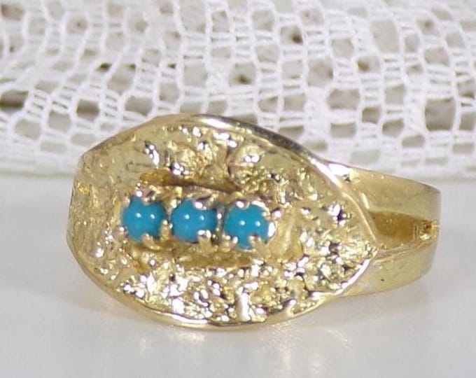 Vintage 18K Gold Turquoise Ring – Oblique Leaf Design, Size 6.25 - Free Sizing