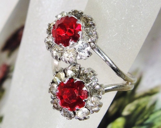 UNCAS Ring, Bypass Ring, Sterling Silver Ring, Dual Flower Ring, Red and White Faceted Glass Flower Ring, Vintage Ring, S 5.25, FREE SIZING!