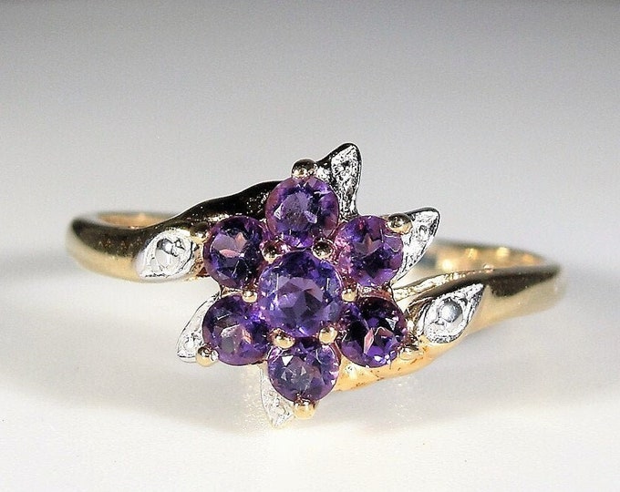 Amethyst Ring, 10K Yellow Gold Purple Amethyst and Diamond Bypass Flower Ring, Right Hand Ring, Size 7.5, Vintage Ring, FREE SIZING!!