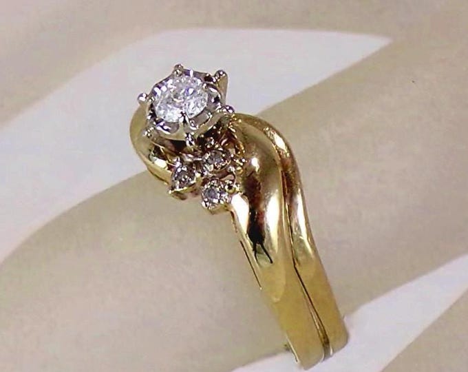 10K Gold Diamond Bridal Ring Set – Engagement Ring & Contour Band - Size 6 - Free Sizing