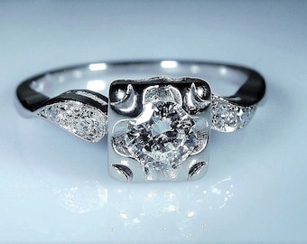 Vintage 14K White Gold Diamond Engagement Ring - .31 CT - Size 6.5 - Free Sizing