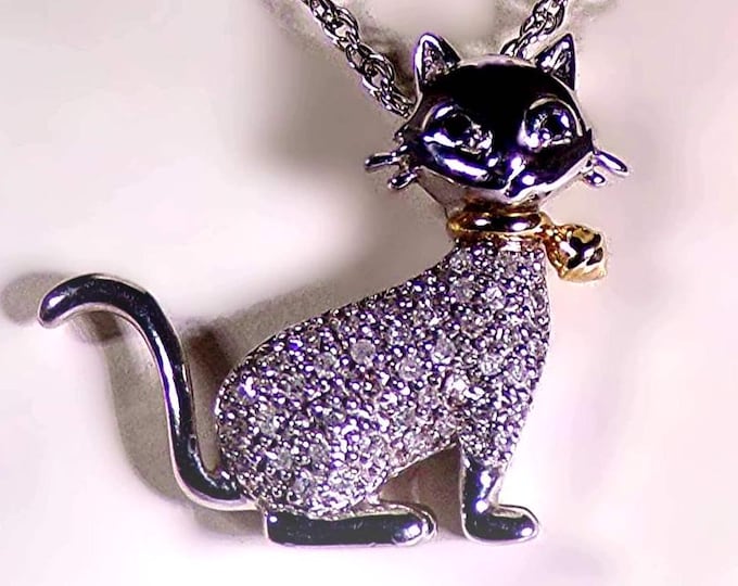 Cat Necklace - Sterling Silver & 14K Gold Genuine Pavé Diamond Cat Necklace - Blue Sapphire Eyes - 18" Chain – Vintage Cat Pendant Necklace