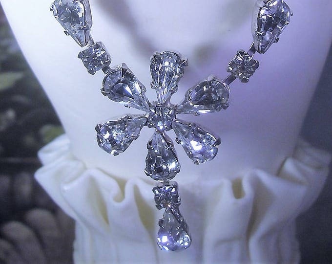 Mid Century Rhinestone Flower "Y" Choker, Rhinestone Necklace, Bridal Choker, Wedding Necklace, Vintage Choker