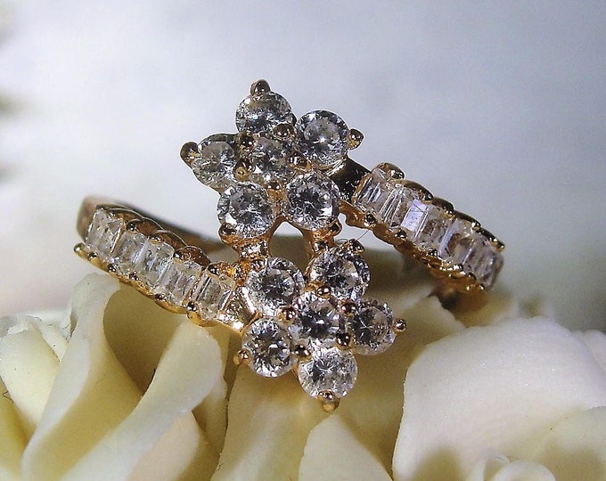 Flower Bypass Ring - Cubic Zirconia Flower Clusters - Statement Ring - Gold Plated - Right Hand Ring - Vintage Ring - Costume Jewelry - S7.5