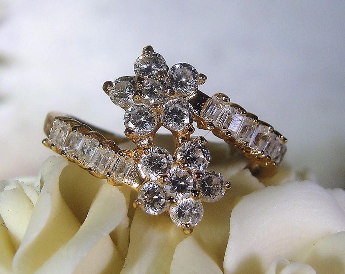 Flower By Pass Ring, Cubic Zirconia Diamond Flowers, Statement Ring, Gold Plated Ring, Right Hand Ring, Vintage Ring, Size 7.5