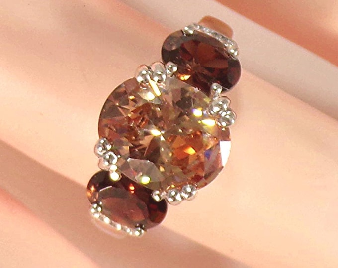 Women’s Ring – Peach & Root Beer Tourmaline Trilogy Ring – 925 Sterling Silver - Vintage