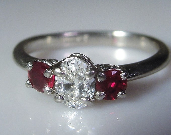 Diamond Ruby Ring, Platinum Diamond and Ruby Ring, Oval .47 Carat Diamond, Fine Jewelry, Trilogy Ring, Vintage Ring, Size 4.75, FREE SIZING!