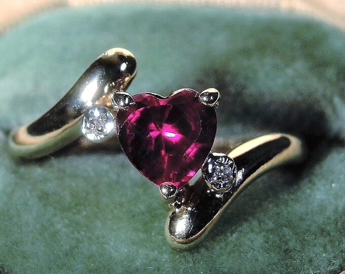 Promise Ring, 10K Gold Pink Ruby and Diamond Heart Ring in a Bypass Style Mounting, Heart Ring, Vintage Ring, Size 7.5, FREE SIZING!!