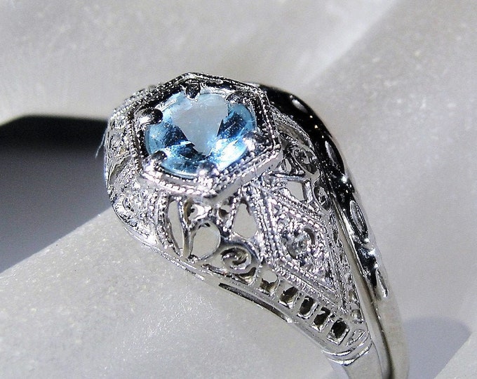 Bridal Ring Set, 14K White Gold Edwardian Style Aquamarine and Diamond Bridal Ring Set, Engagement Ring, Wedding Band, Size 8, FREE SIZING!!