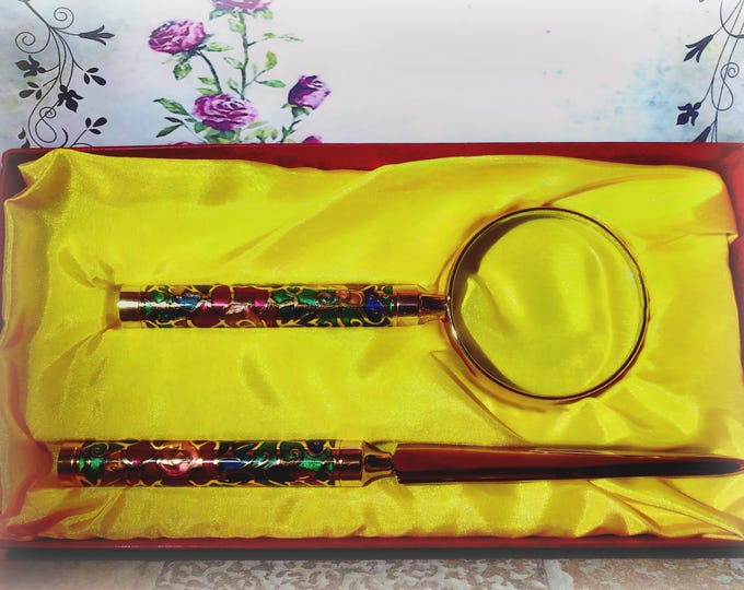 Desk Set – Cloisonne Floral Enamel Magnifying Glass and Letter Opener Desk Set – Cobalt Blue Flowers – Gold Gild – Vintage Desk Set