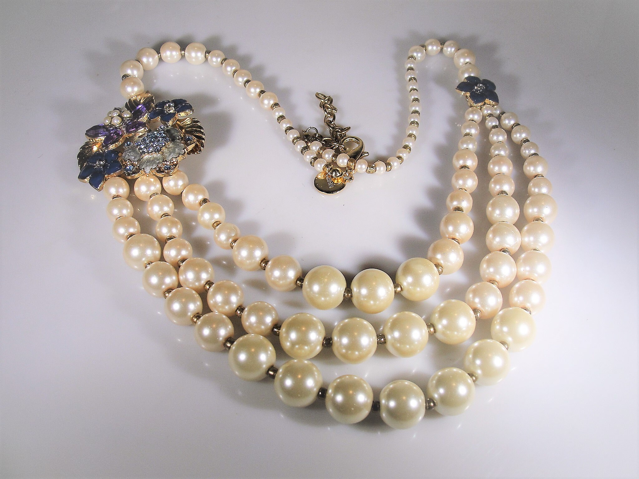 Pearl Necklace, 3 Strand Pearl Necklace with Enamel Flower