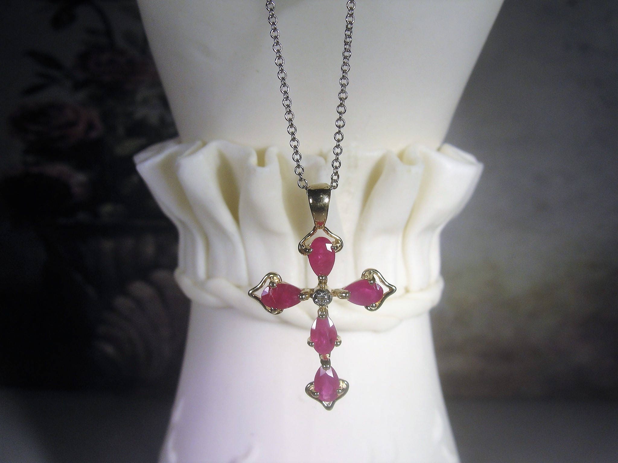 Ruby Cross Necklace, 14K Ruby and Diamond Cross Necklace, Cross Pendant