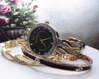 ELGIN Stacking Wrist Watch Set – 2 Bangles – 1 Wrist Watch, Quartz Watch, New Old Stock, Gold Plated, Vintage Wristwatch Jewelry Set (NOS)