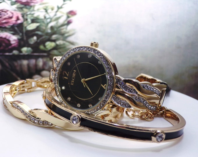 Elgin Stacking Wrist Watch Set – 2 Bangles – 1 Wrist Watch, Quartz Watch, New Old Stock, Gold Plated, Vintage Wristwatch Jewelry Set (NOS)