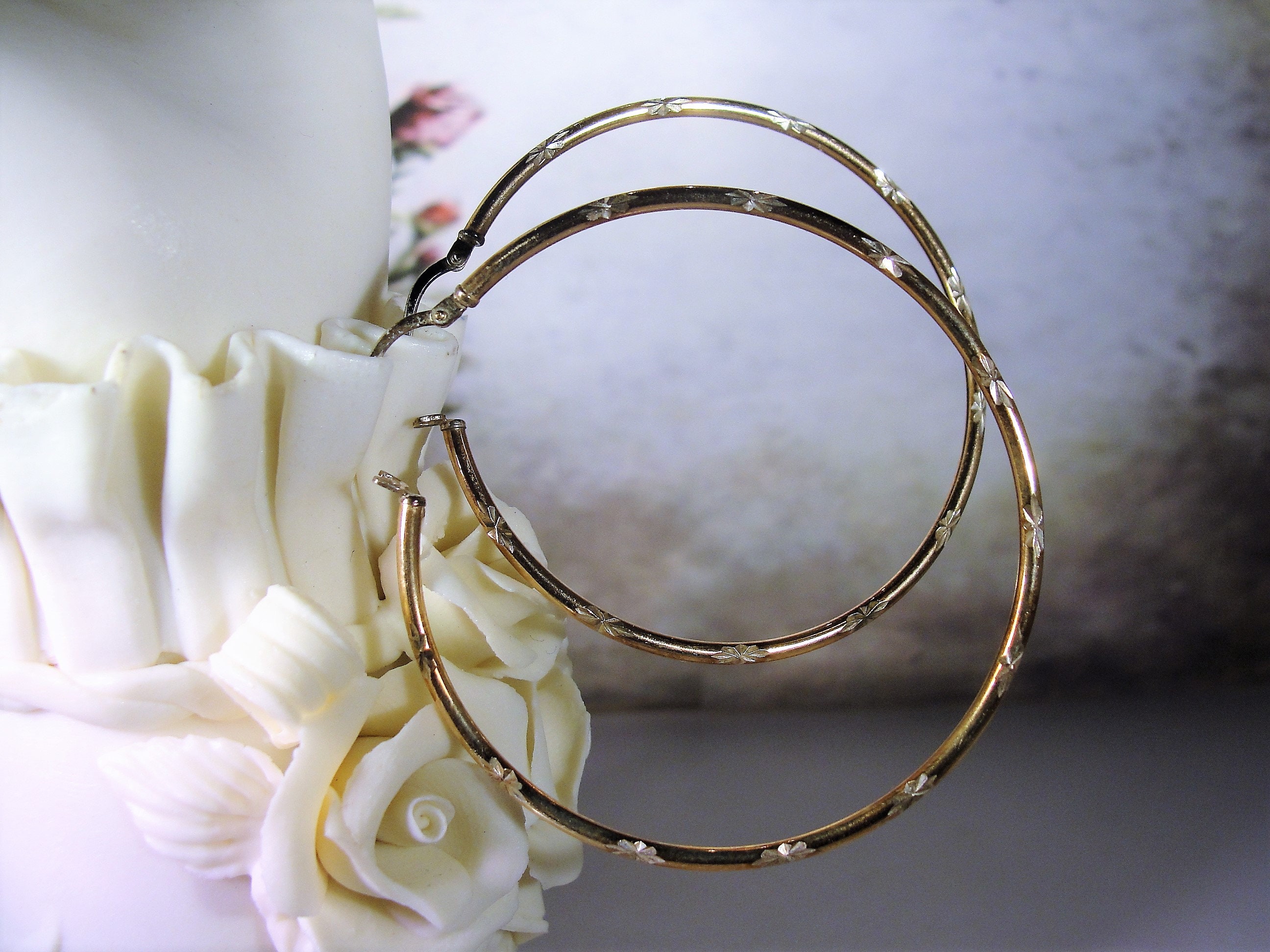 Vintage 10K RGP Rose Gold and Sterling Silver Large Hoop Earrings, Star Burst Etched Hoop