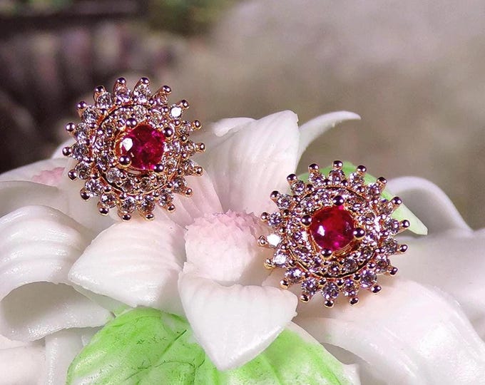 Stud Earrings – Hot Pink Cubic Zirconia Halo Earrings – Gold-Toned Metal – Pierced Earrings – Butterfly Backs – Vintage Earrings