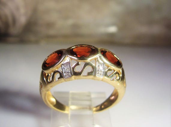 Garnet Ring, 10K Yellow Gold Band, Art Nouveau Ga… - image 3