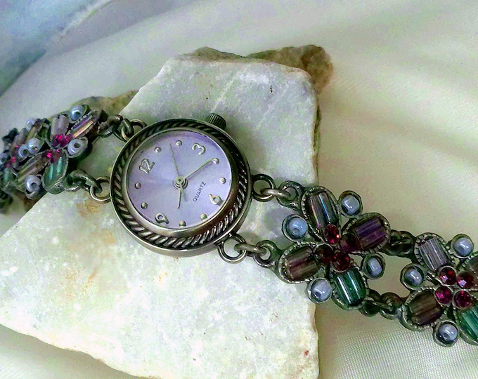 Women’s Watch – Unique Floral Watch with Multi-colored Glass Beads and Antiqued Pewter Metal - Vintage Fashion Watch