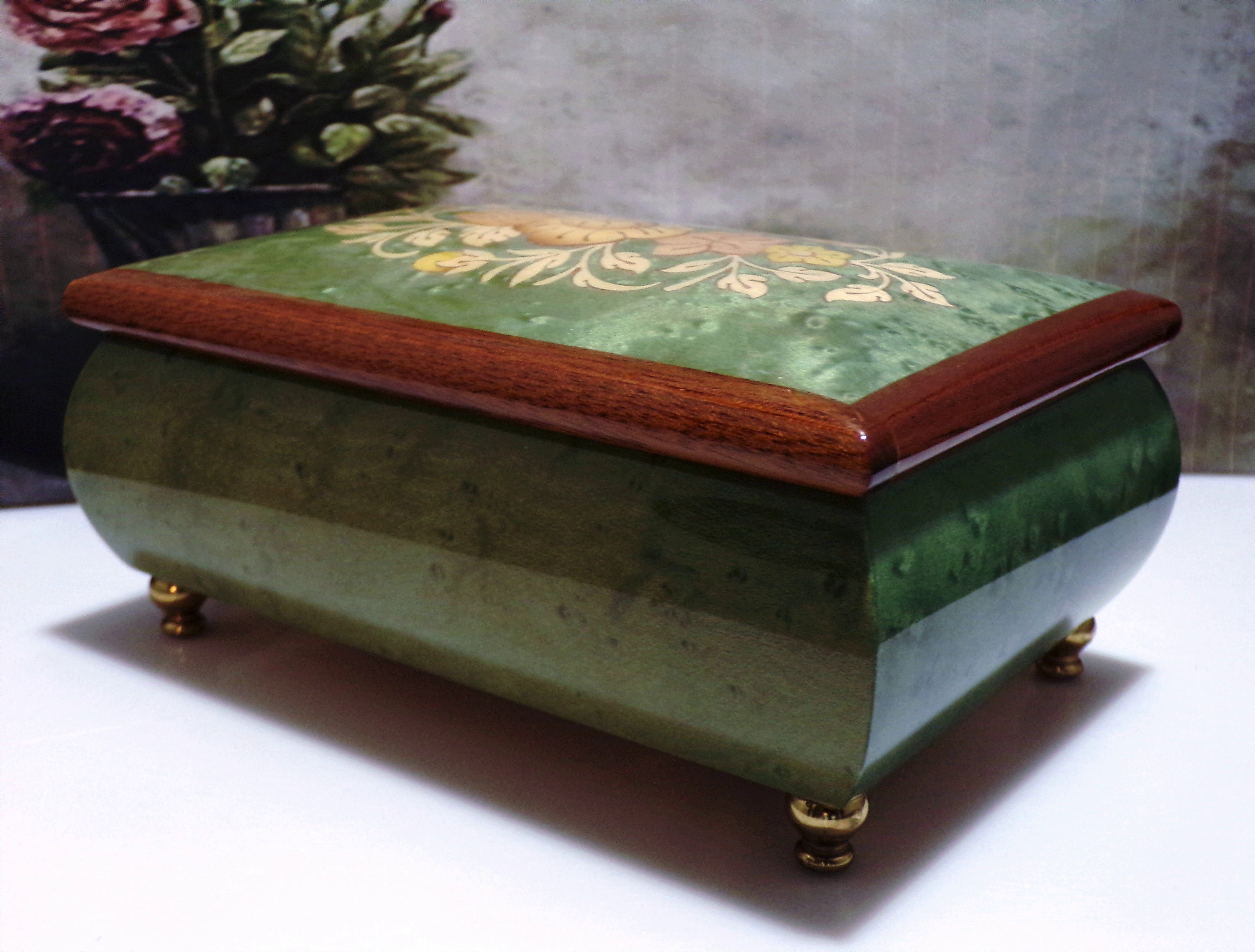 Italian Elm Burl Wooden Musical Jewelry Box, Wood Inlay and Veneers