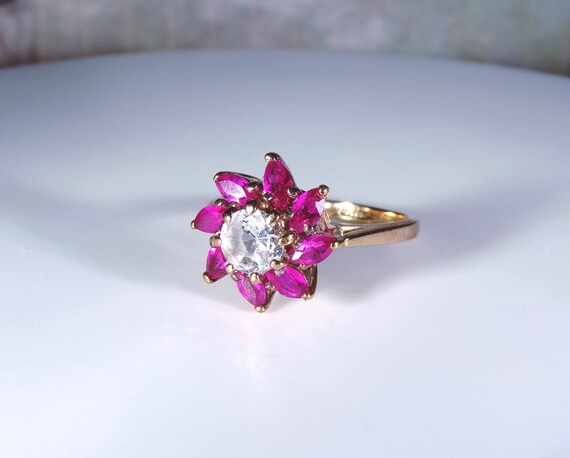 Vintage 10K Yellow Gold Ruby and White Topaz Flor… - image 2