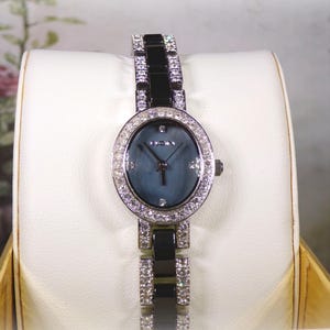 Womens Wrist Watch - Elgin White Gold Plated with Blue Ceramic Links & White Cubic Zirconia Watch - Quartz Watch - Vintage Watch (NOS)