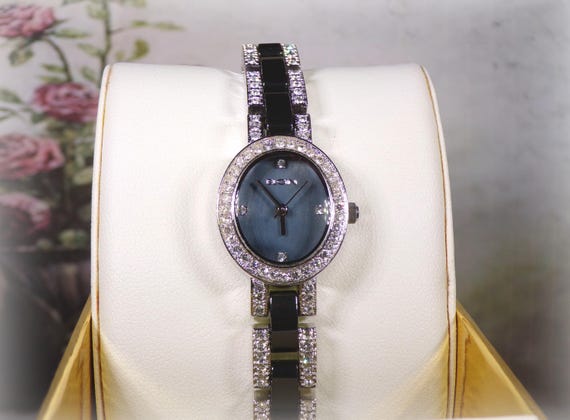 Elgin Vintage Quartz Wrist Watch: White Gold, Blue Ceramic, Cubic Zirconia (NOS)