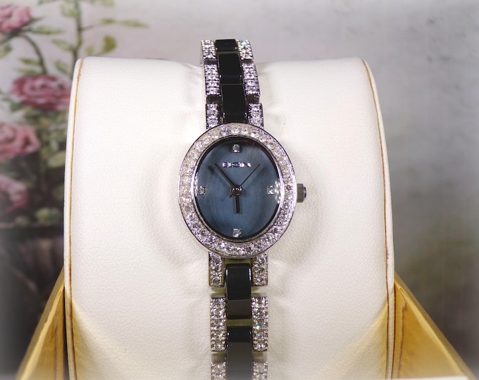Womens Wrist Watch - Elgin White Gold Plated with Blue Ceramic Links & White Cubic Zirconia Watch - Quartz Watch - Vintage Watch (NOS)