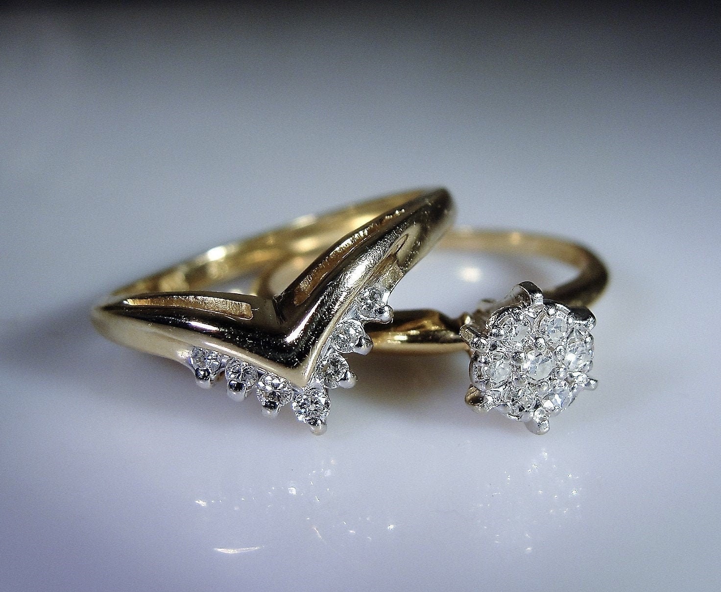 Bridal Ring Set, 14K Gold Diamond Cluster Engagement Ring, Diamond - Chevron Wedding Band With Engagement Ring