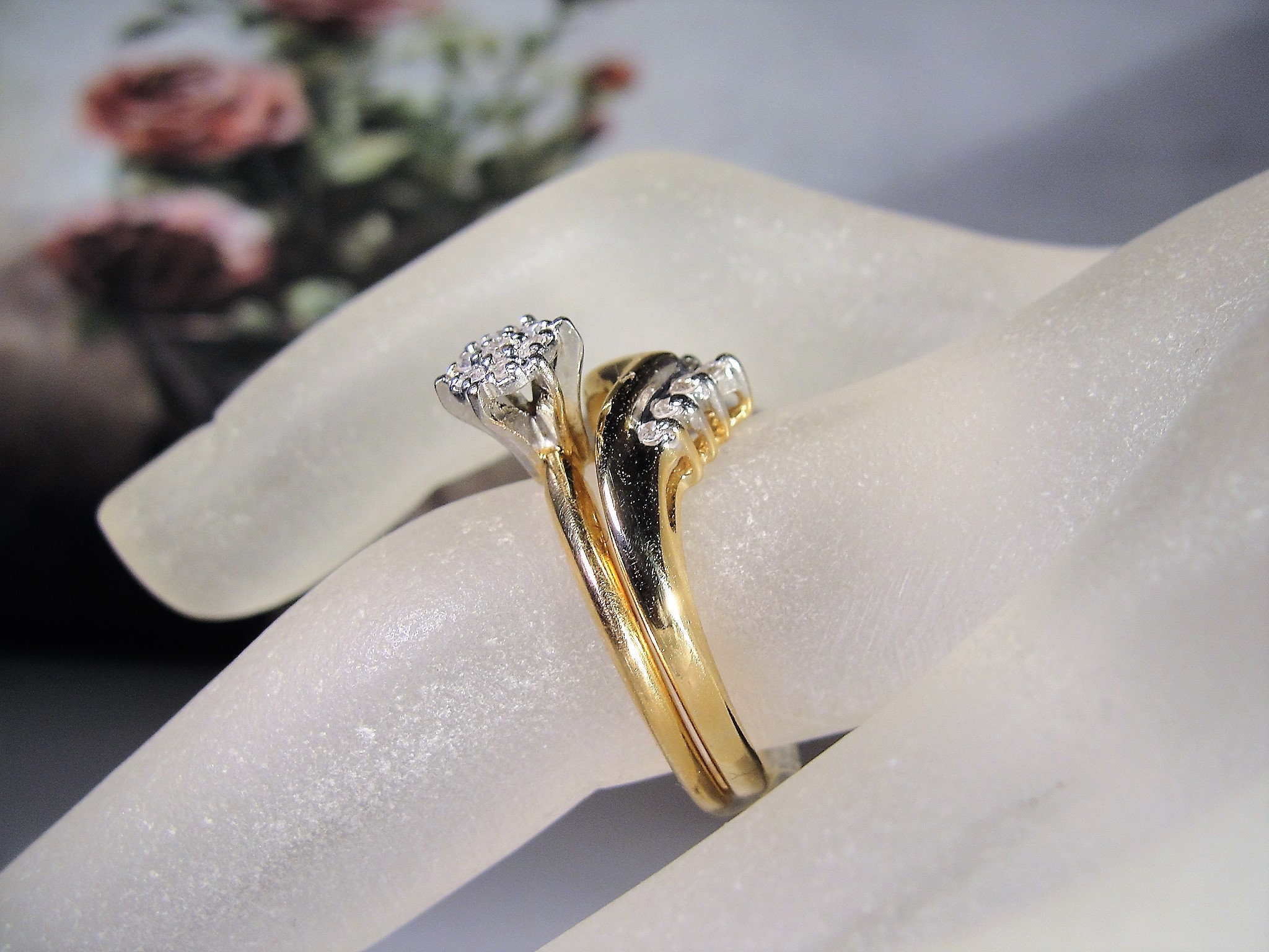 Bridal Ring Set, 14K Gold Diamond Cluster Engagement Ring, Diamond