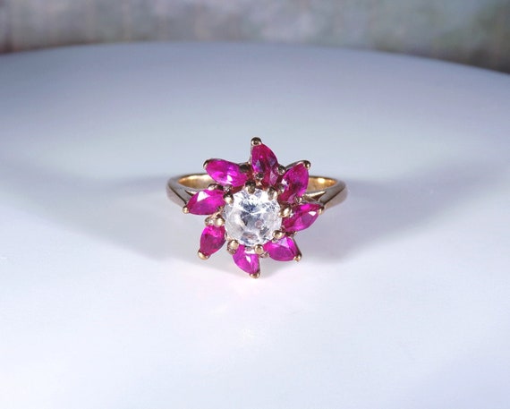 Vintage 10K Yellow Gold Ruby and White Topaz Flor… - image 1