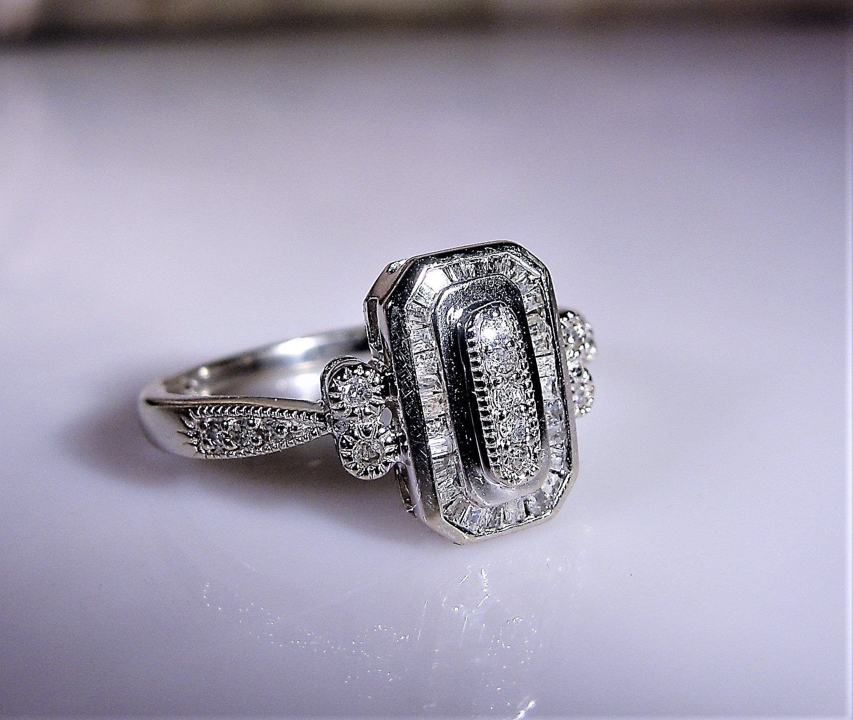 10K White Gold Art Deco Style Diamond Ring, Multi Stone Ring, Diamond