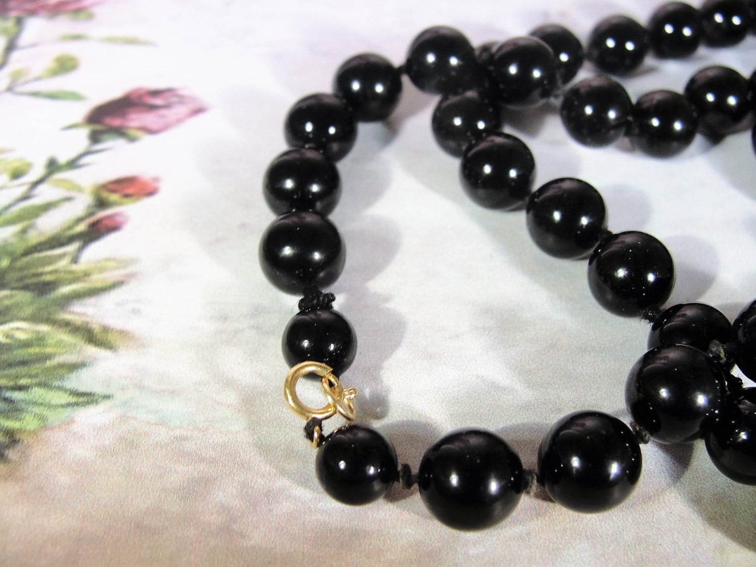 Hand Knotted 8mm Black Onyx Bead Necklace with a 14K Gold Round Spring ...