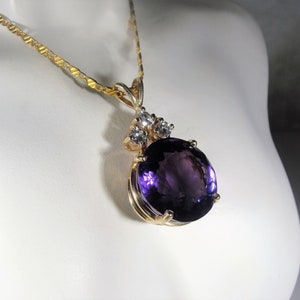 Amethyst & Diamond Pendant, 14K Yellow Gold Purple Amethyst and Diamond Pendant, Natural Amethyst and Diamonds, Vintage Pendant image 3