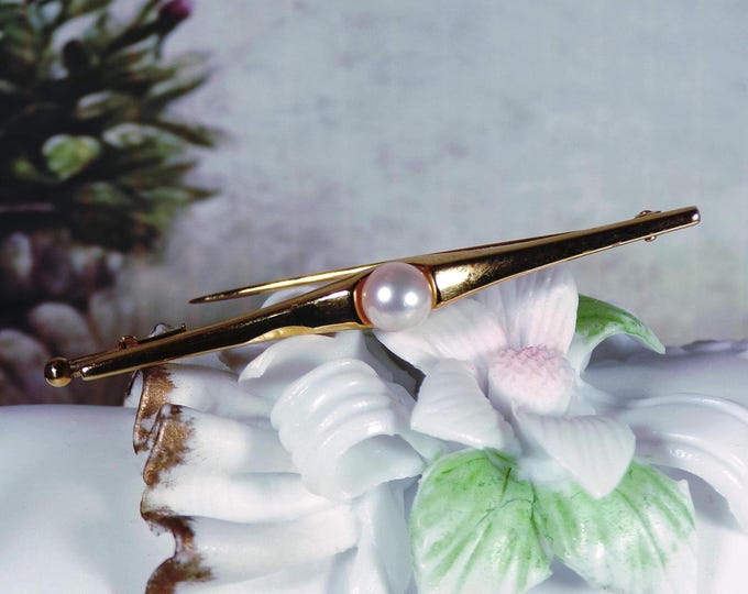 Pearl Pin – 14K Yellow Gold Pearl Tie Bar or Lapel or Straight Pin – Pearl Brooch – Art Deco Gold Pin – Tie Pin – Collar Pin – Vintage Pin