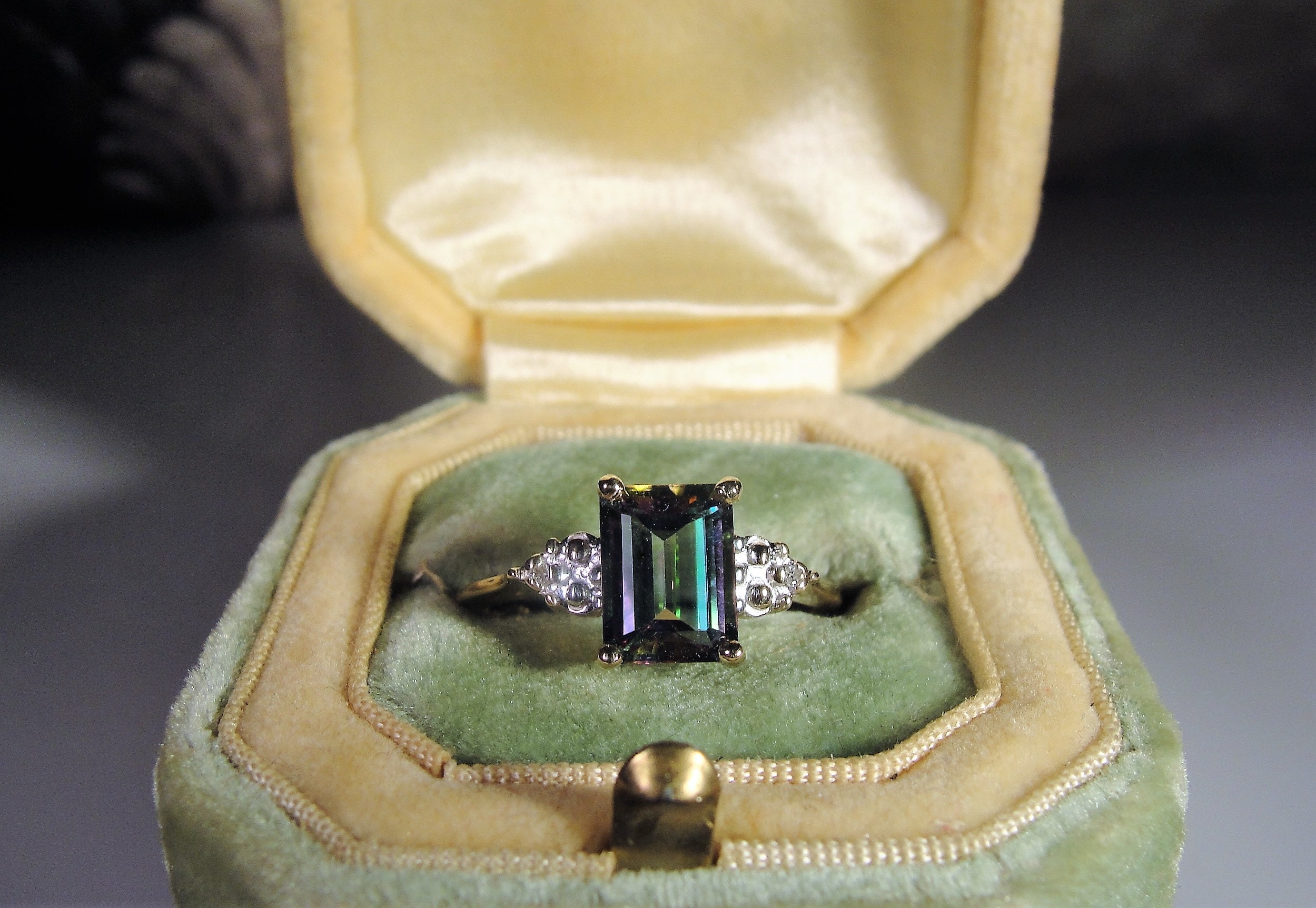 10K Emerald Cut Mystic Topaz Ring with Diamond Accents, Multi Stone ...