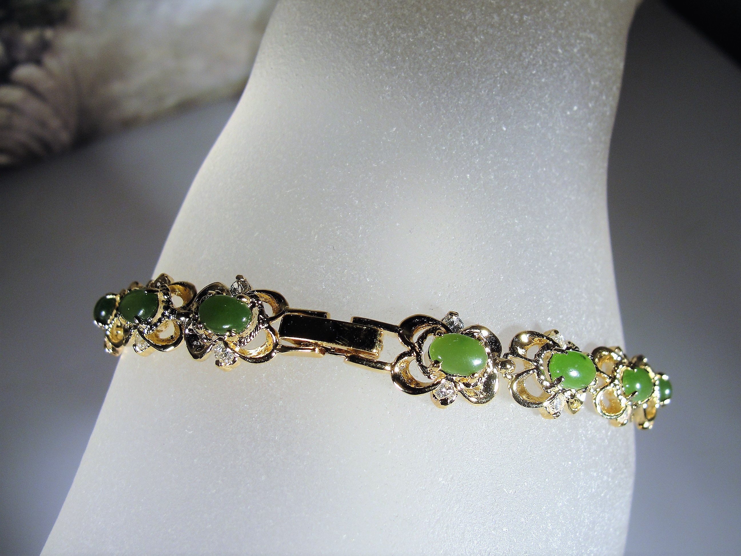 Green Jade Cabochon and Clear Crystal Link Bracelet, Jade Bracelet