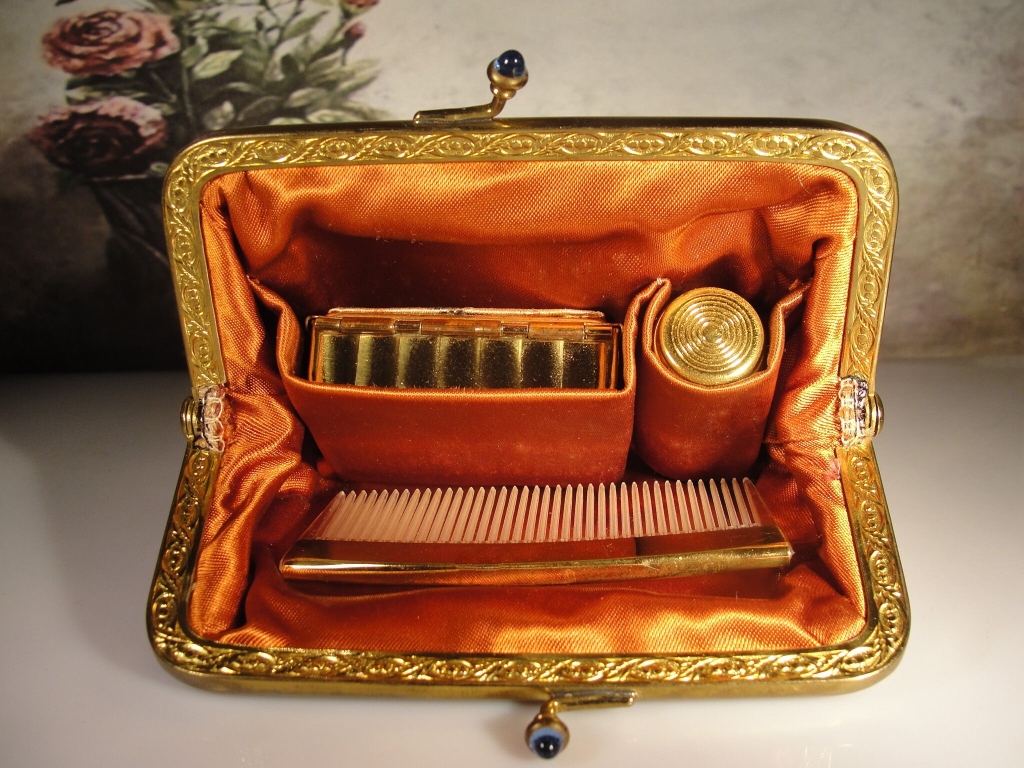 Purse Set, MAJESTIC 1950s Small Silk Gold Tone Purse and Matching