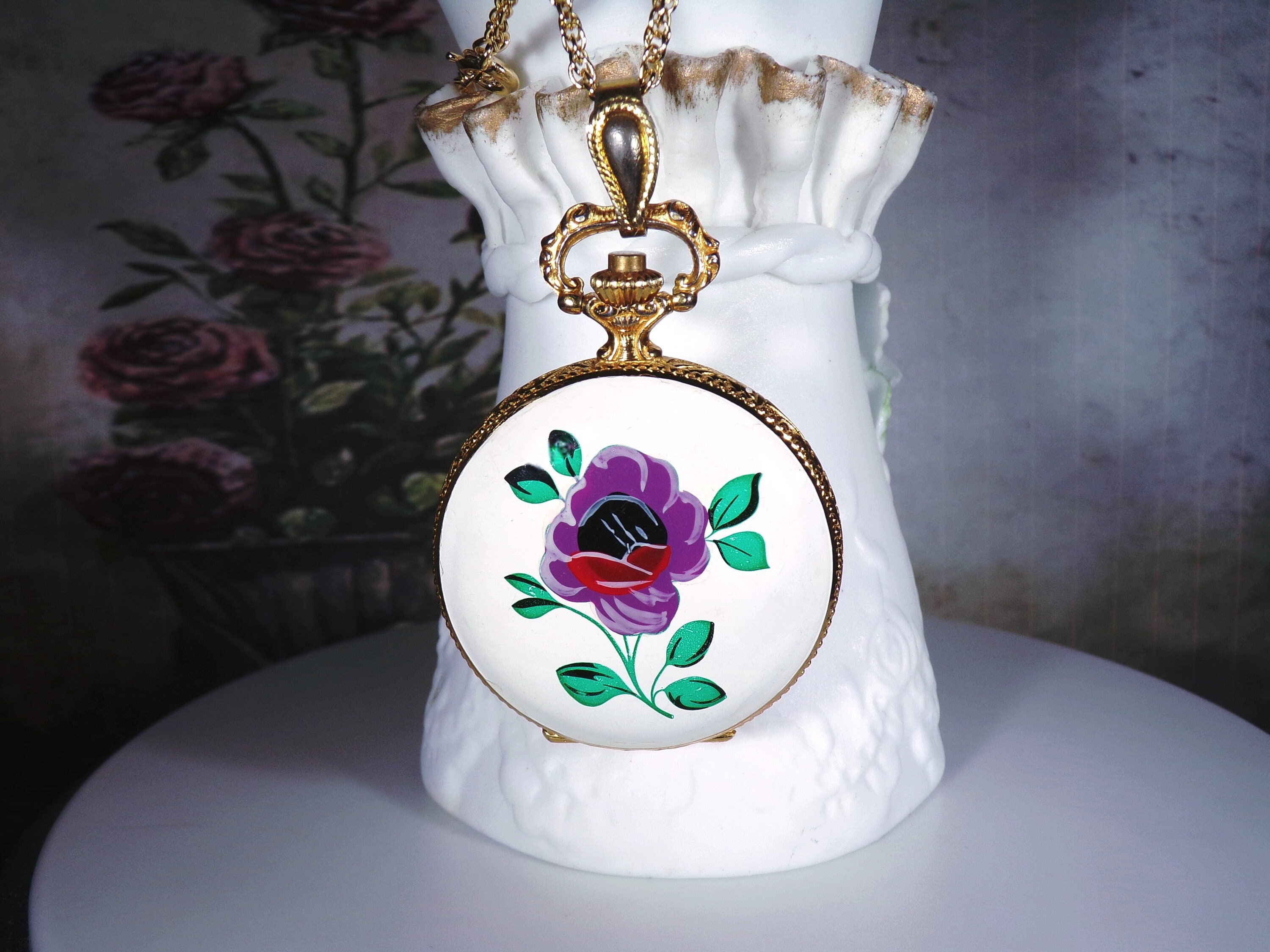 Sheffield Hand Painted Enamel Hunter Case Watch Pendant Watch Necklace Watch Pendant Mechanical Wind Up Watch Vintage Watch Pendant