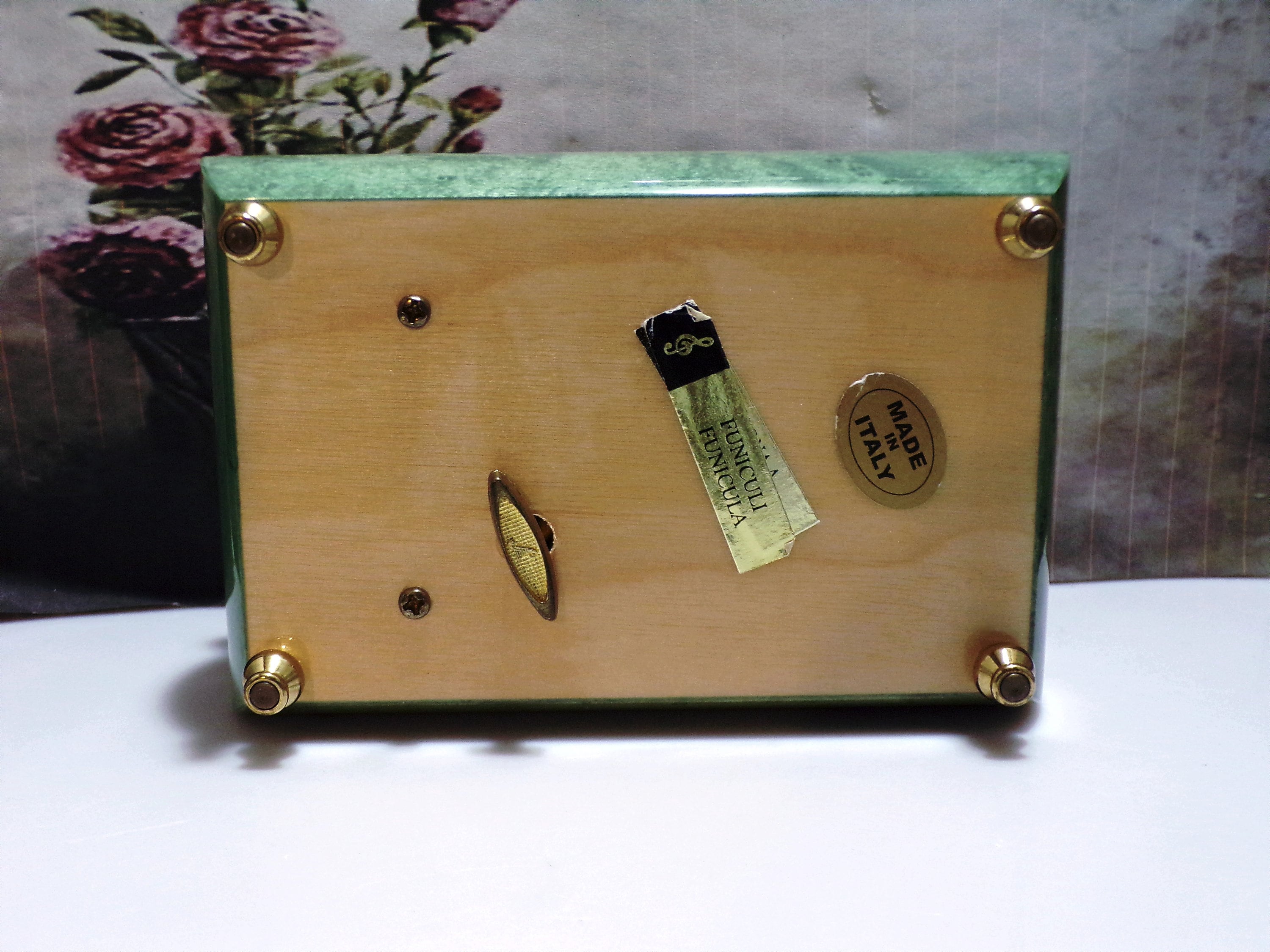 Italian Elm Burl Wooden Musical Jewelry Box, Wood Inlay and Veneers