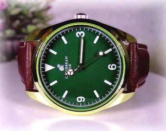 Armbanduhr Caribbean Joe Emerald Green: Vintage-Lederband, neue