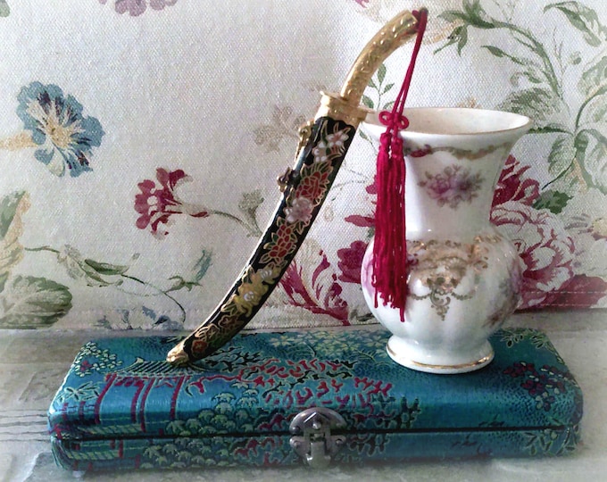 Letter Opener - Cloisonne Gold Gild Metal Sword Letter Opener with Sheath and Original Brocade Case - Collectible - Vintage Letter Opener
