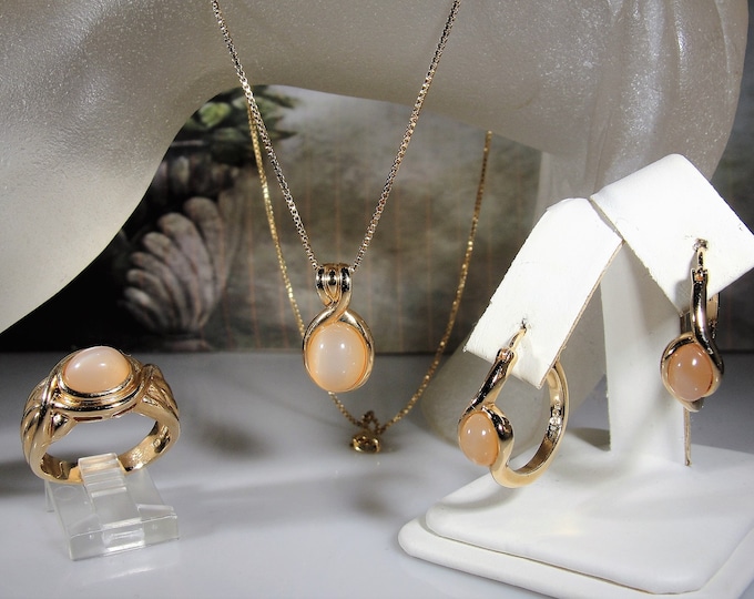 Jewelry Set - Moonstone Jewelry Set - Moonstone Ring - Moonstone Necklace - Moonstone Earrings - Vintage Gold Vermeil Jewelry Set - 4 Pieces