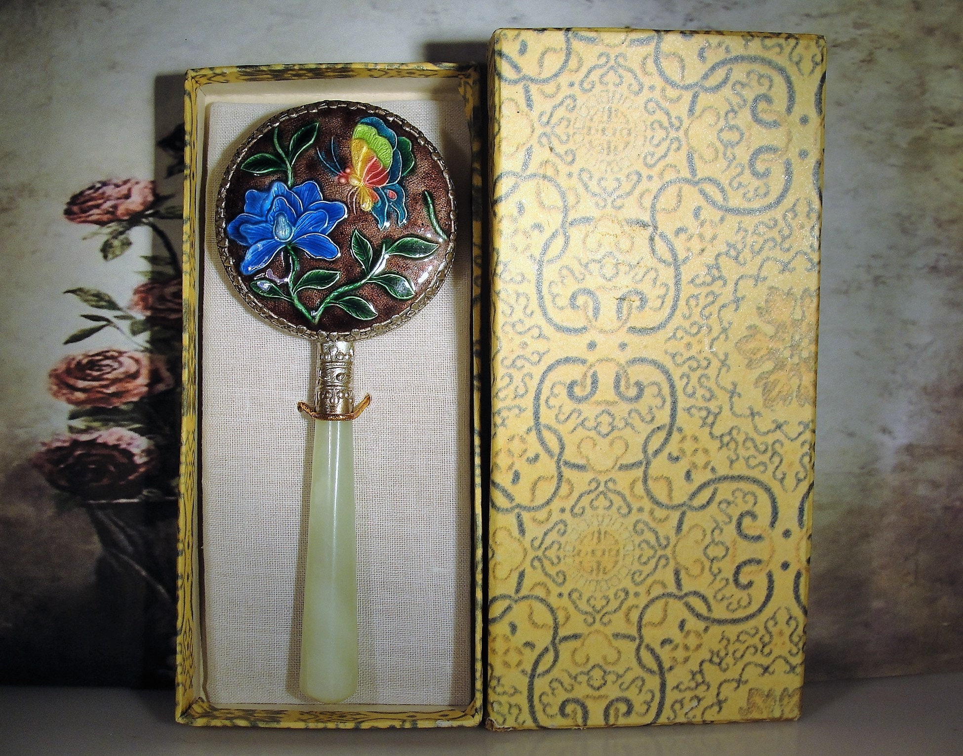 1950s Chinese Cloisonné Enamel Silver and Jade Small Hand Held Mirror