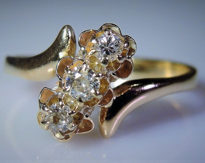 Anniversary Ring, 14K Art Nouveau 3 Diamond Bypass Ring, Diamond Flower Ring, Trilogy Ring, 3 Stone Ring, Promise Ring, Sz 6.25, FREE SIZING