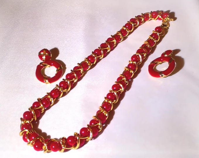 Red Jewelry Set – Lady Remington Red Beaded & Gold Tone Jewelry Set – 20” Necklace – Post Earrings – Pierced Earrings – Vintage Jewelry Set