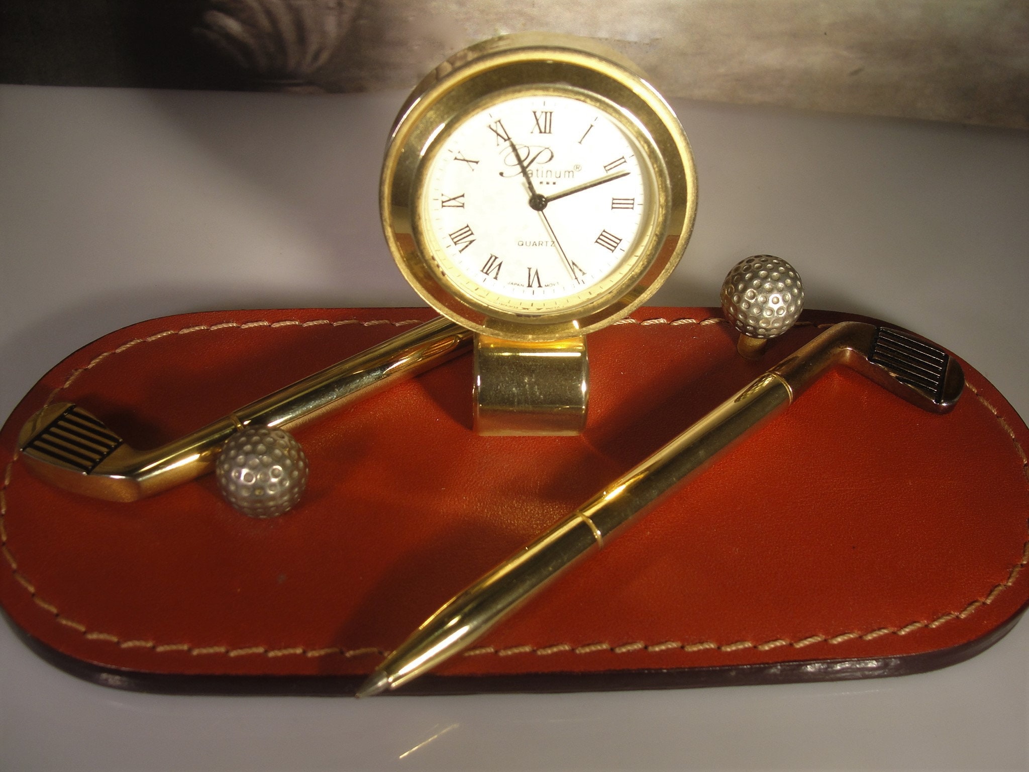 PLATINUM Golf Pen and Clock Desk Set, Consists of two Golf Club Pens