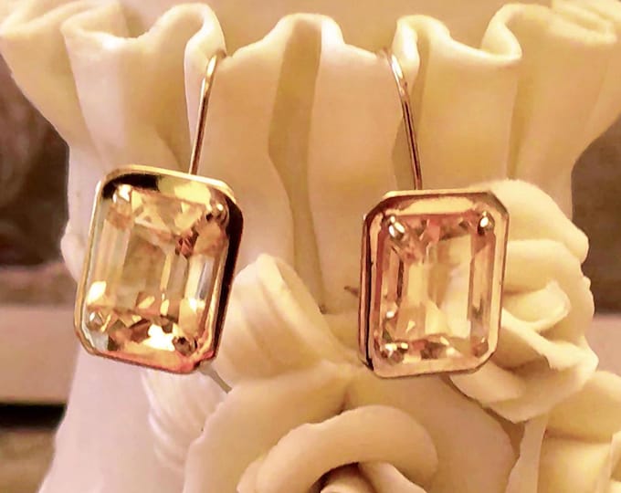 Citrine Earrings – 14K Yellow Gold Emerald Cut 7.5 CTW Citrine Gemstones Lever Back Earrings – Light Orange Gemstones – Vintage Earrings