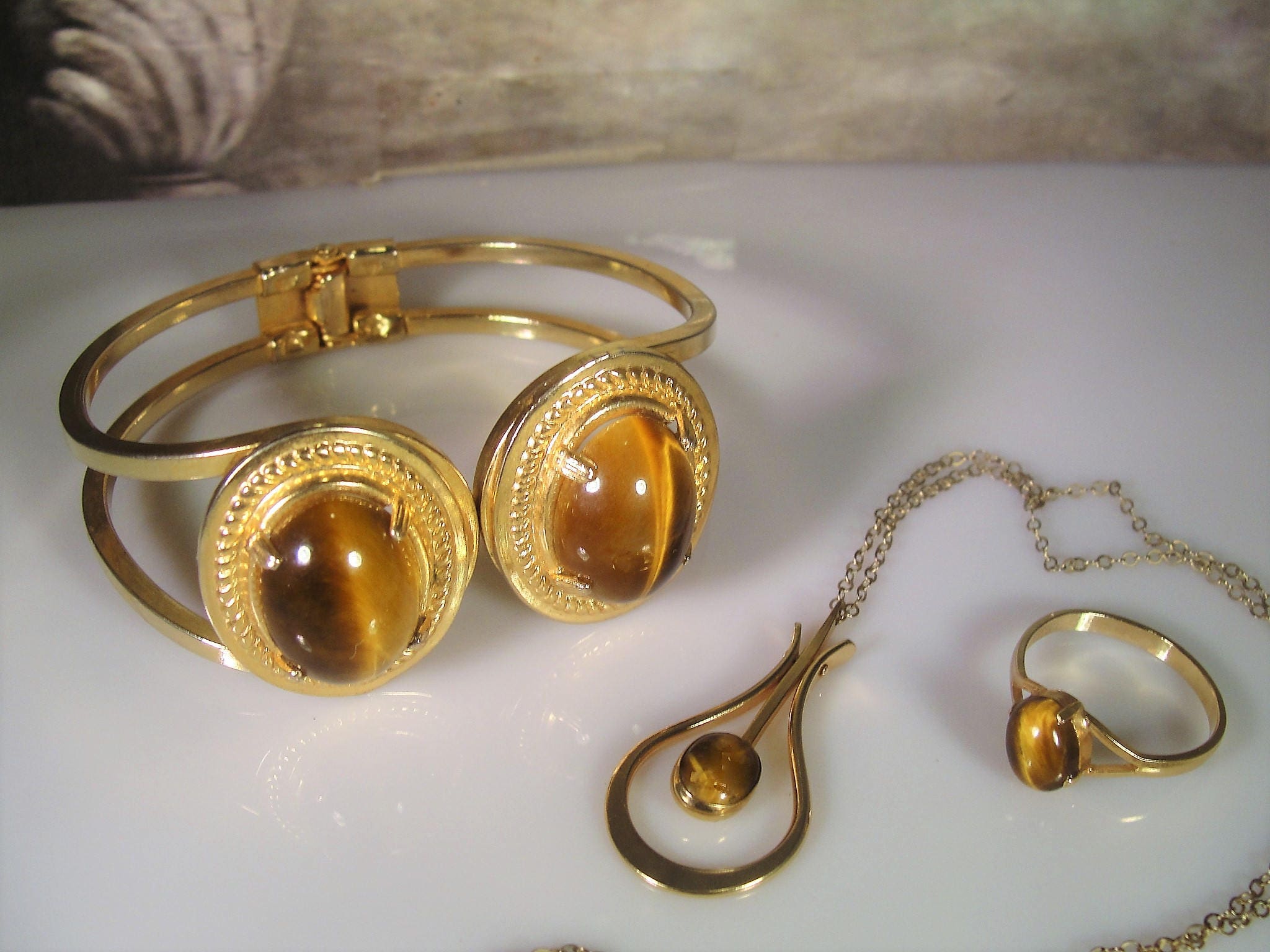 14K Gold Filled Jewelry Set, Tiger’s Eye Jewelry Set, Tiger’s Eye Ring