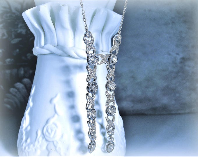 Vintage 1920s Art Deco Diamond Necklace: 14K White Gold, 1 CTW European Cut Diamonds