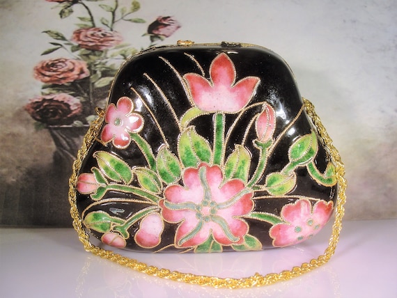 Cloisonné Purse, Vintage Floral Cloisonné Enamel H